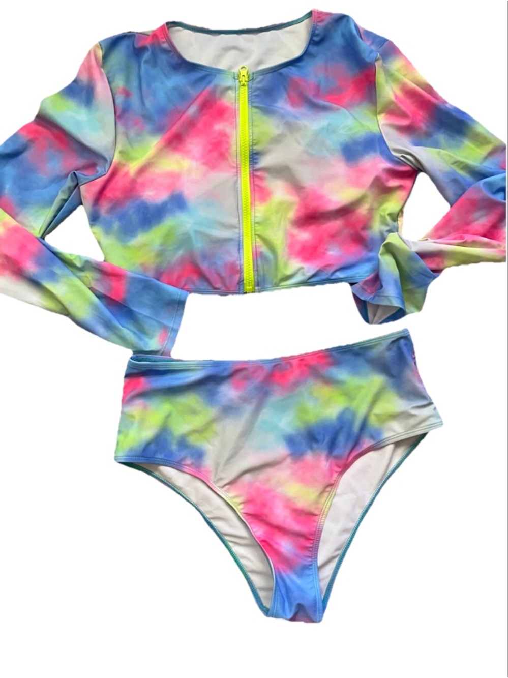 Neon Tie-Dye Long Sleeve Zip Swim Set - Pink Blue Green